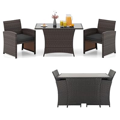 Tangkula 3 Piece Patio Wicker Dining Set, 2 Rattan Chairs with Rectangle Tempered Glass Dining Table, Outdoor Conversation Set with Cushions for Backyard, Porch, Poolside (Black)