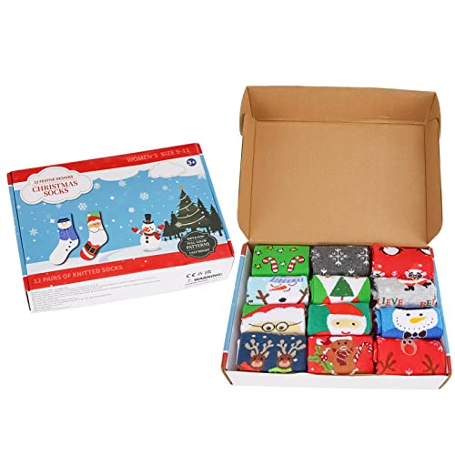 12 Pairs Women's Christmas Crew Socks - Cozy Cotton Knit Xmas Socks - Assorted Styles - Cute Novelty Gifts