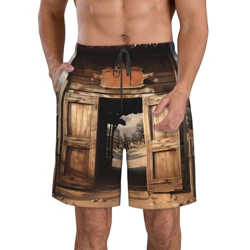 Men's Swim Trunks Quick Dry Bathing Suits Retro Cowboy Western Country Farm Beach Board Shorts Swimwear with Pockets