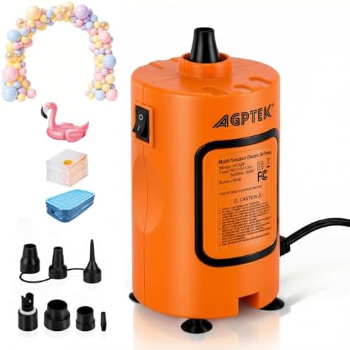 Balloon Pump, AGPTEK Electric Air Pump with 8 Versatile Nozzles, Portable Fast Fill Air Mattress Pump for Inflatables，High-Speed Quick Inflator Deflator for Balloon, Pool Floats, Vacuum Storage Bags