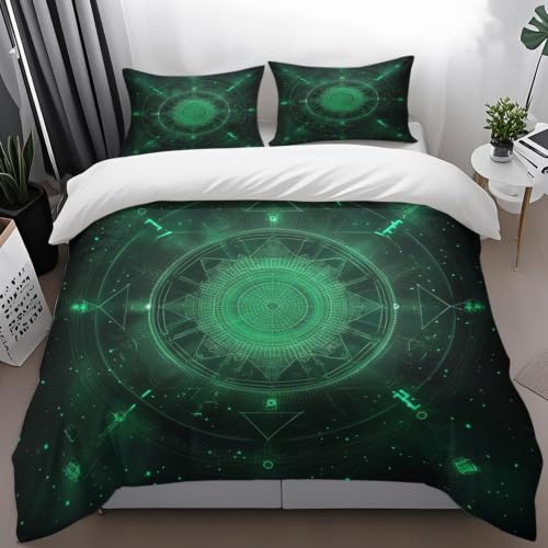 Housse de couette 140x200 mandala vert en microfibre avec ses 2 taies d'oreiller