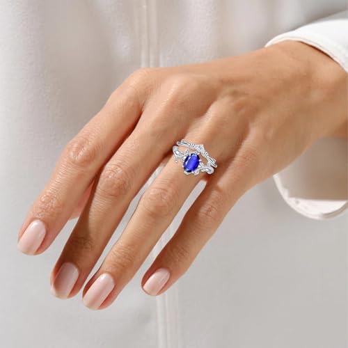 Oval Shaped Gemstone Engagement Rings Set for Women 925 Sterling Silver,8x6 MM Amethyst Leaf Ring Unique Bridal Wedding Rings Size 3-133