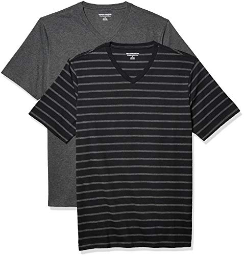 Amazon Essentials Men's 2-Pack Slim-Fit Short-Sleeve V-Neck T-Shirt, Black and Charcoal Brennan Stripe/Charcoal Heather, Large