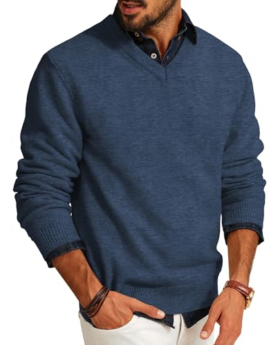 PJ PAUL JONES Mens Wool Blend Sweater V Neck Lightweight Pullover Denim XL