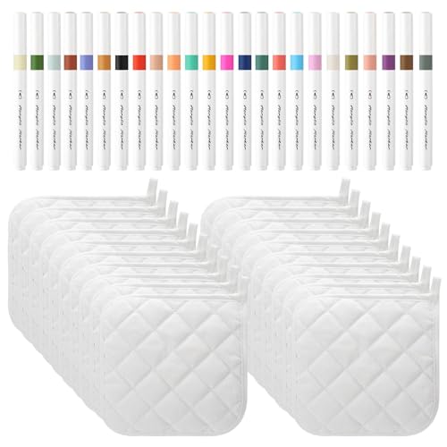 40 Pcs Pot Holder Bulk for Craft Set Including 16 White Pot Holders and Oven Mitts with 24 Makers for Kitchen Heat Resistant DIY Cooking and Baking Dining Room Accessories (Pot Holders)