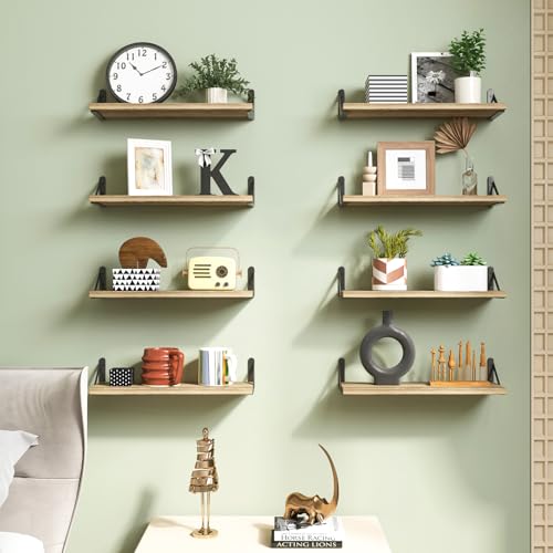 Fixwal Shelves for Room Wall, Width 4.7in Rustic Wood Wall Storage, Floating Shelves for Bedroom, Living Room, Kitchen, Bathroom, Office Decor and Plants Display (Set of 8 Carbonized Black)