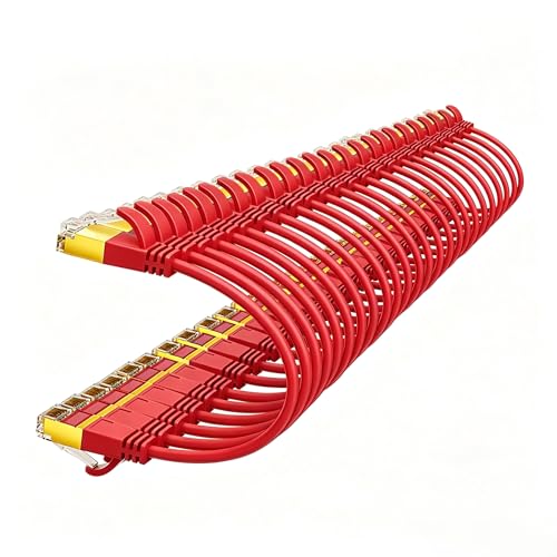 Werkybay 25cm Ultradünn/Slim OD:3.8mm CAT7 Ethernetkabel (Rot, 24-Stück), 10Gbps kurz Netzwerkkabel, RJ45 Kupfer Patchkabel, 0.25m LAN Kabel für Servers, Modem, Router, Patchpanel, Switch usw.