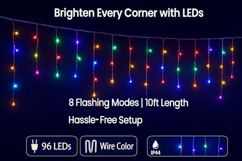 Image of Litehom Icicle Diwali Lights Outdoor, 10ft 96 LED with 16 Drops Icicle Lights, Plug in Lights with 8 Modes Waterproof for Decoartion Light for Diwali, Christmas, Birthday, Ganesh Puja (Multicolor)