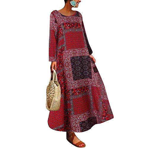 Classicoco Robes en Coton et Lin, Robes de Printemps, Robes Longues et Amples, Robe Femme à Manches Longues à imprimé Floral, Robe Longue Ample et décontractée pour Le Printemps.