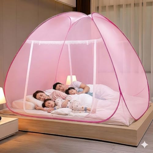 Image of Premium Mosquito Net for King Size Double Bed (6 x 6 Feet), Easy Foldable Machardani with Corrosion Resistant PVC Coated Steel Frame, 30GSM 50 Denier Mesh (Full Pink)