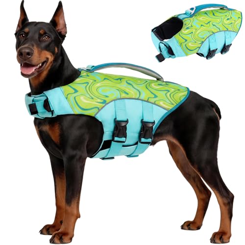 Image of BRKURLEG Dog Life Jacket, Dog Life Vest for Swimming & Boating with High Buoyancy & Rescue Handle for Small Medium Large Dogs, Adjustable Reflective Swimming Safety Vest, Green L