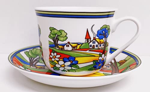 Village Art Deco Cup & Saucer Fine Bone China Jumbo Breakfast 15fl oz 425 ml Exclusive Countryside Scene Hand Decorated in UK