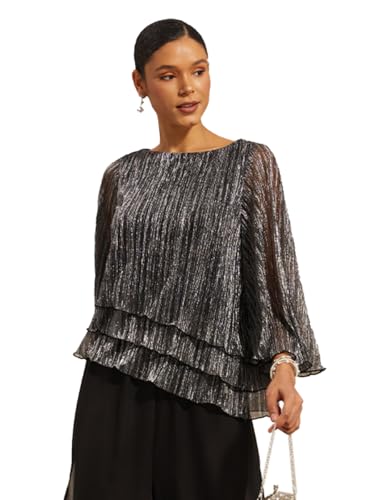 Womens Sparkle Tops Ruffle Shiny Blouses for Women Dressy Casual Pleated Layered Flowy Loose Chiffon Shirt Silver