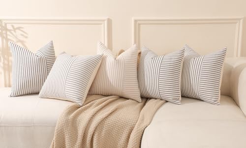 Hckot Set of 2 Farmhouse Throw Pillow Covers 18 x 18 Striped Linen Decorative Pillows Case for Sofa Couch Chair Bedroom Modern Decor(Grey)