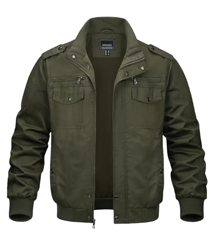 MAGNIVIT Men's Military Lightweight Army Windbreaker Cargo Jacket With Stand Collar, Zip Front, 7 Pockets - Cotton