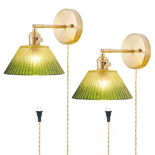 Image of Plug in Wall Sconces Set of 2, Vintage Wall Sconce Light with Gradient Green Glass Lampshade, Bedroom Wall Sconce with Switch and Plug in wall lamp Cord, Gold Wall Light Wall Decor Set of 2