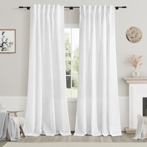 Image of White Linen Curtains 84 Inch Length 2 Panels Back Tab Rod Pocket Semi Sheer Bedroom Curtains Light Filtering Country Closet Curtain Drapes Netural Farmhouse Window Panels for Living Dining Room 42x84