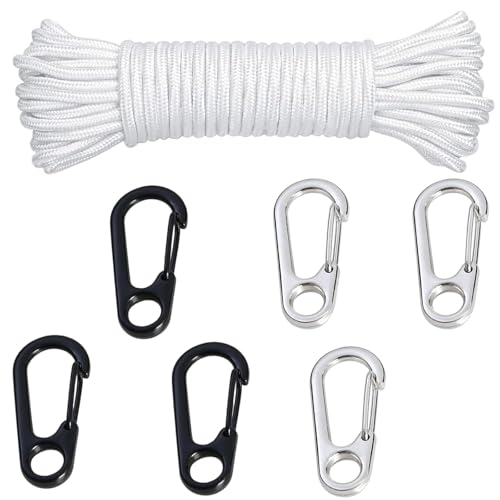 Flag Pole Rope, 16m Flagpole Rope with 6 Flag Clips, Durable Flag Pole Accessories for Home, School, Government, and Commercial Events, Black and White Flag Clips Included