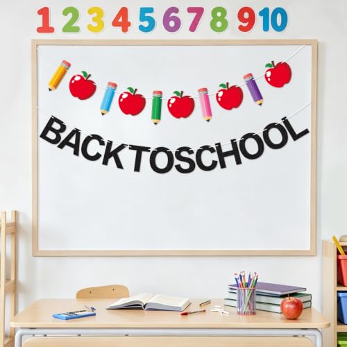 Image of Welcome Back to School Banner First Day of School Garland Black Glitter Pencil Apple Classroom Decorations for Teacher Preschool Classroom Office Home Decor Photo Backdrop Party Favors