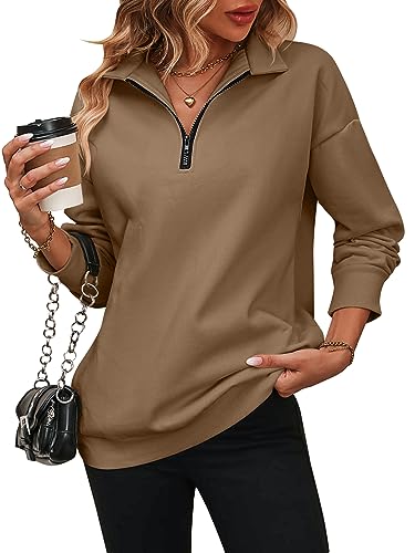 Kuukaas Cropped Half Zip Sweatshirt for Women - Loose Fit Brown Oversized Long Sleeve Workout Pullover - UK Autumn Clothes Ladies M