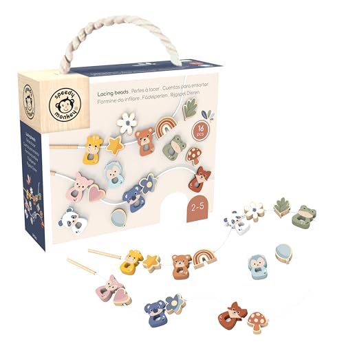Image of SPEEDY MONKEY Wooden Lacing Beads Set for Toddlers 24m+ Threading Toy | animal shapes, threading beads, lacing toys, sorting & stacking toys, preschool toys, pattern color recognition, fine motor