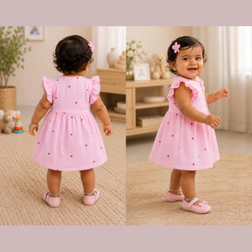 Image of Lilimi Toddler Baby Girl Cotton Muslin Dress, Breathable Flutter Sleeve Button-Front Cute Frocks