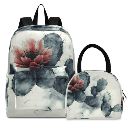 Backpack Lunch Box Set Large Capacity Travel Backpacks and Insulated Lunch Bag for Commute Hiking Picnic Painting Cactus Print