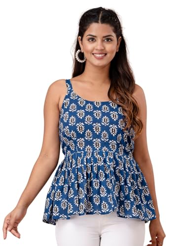 Image of feranoid Women Cotton Printed Sleeveless Strap Peplum Top