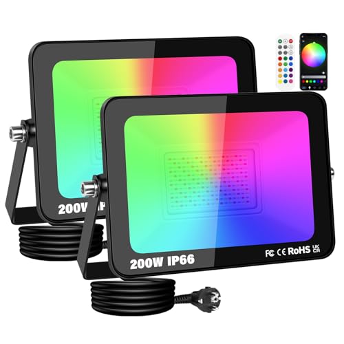 RIGIDON 2 x Foco LED Exterior RGB, 200W 20000LM foco inteligente LED con APP control, Proyector LED Cambio de Color Impermeable IP66 Luz de Inundación con Enchufe para Fiesta, Terraza, Jardin