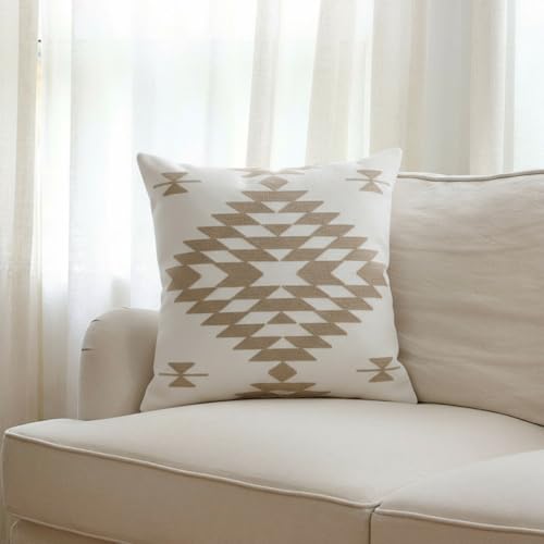 IKATYARN Beige Aztec Pattern Embroidery Throw Pillow Cover,Boho Tribal Geometric