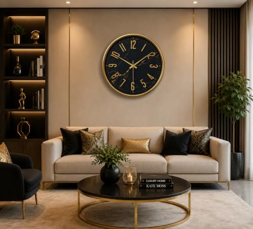 Image of Designer Wall Clock 13.5 Inch for Living Room Stylish Gear Design Seconds Needle (Black Marble)