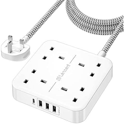 LENCENT Extension Lead with USB C Port, 3250W 13A, 4 Way Outlets Power Strip with 1 USB-C and 3 USB Slots, Multi Power Plug Extension with 1.8M Braided Extension Cord for Home Office, White Cover