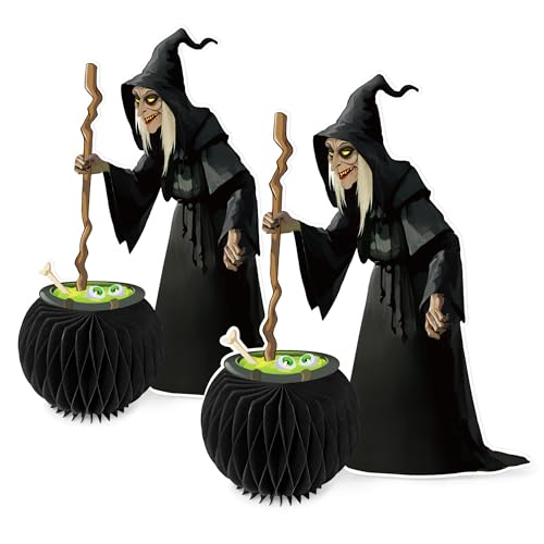 2PCS Halloween Centerpieces for Tables Witch Cauldron Centerpiece Table Decorations Honeycomb Table Centerpieces for Halloween Party Decorations Vintage Spooky Birthday Supplies