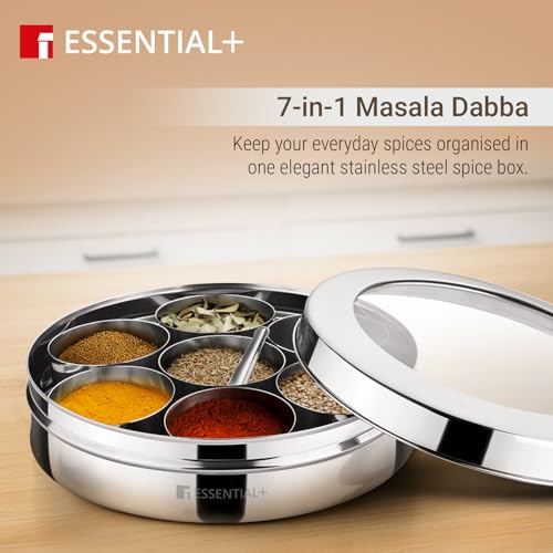 Image of BERGNER Essential Plus 7 in 1 Stainless Steel 21.5cm Masala Dabba with 7 Container 1 Spoon and See Through Glass Lid, Spice Box /Masala Dani /Container for Kitchen, 100% Food Safe, Easy to Clean