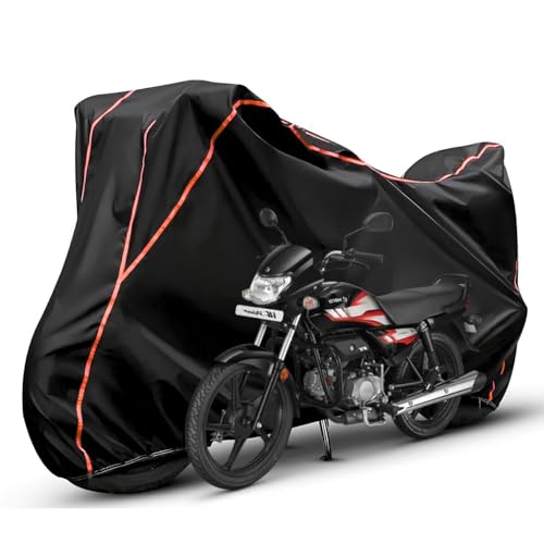 Image of Waterproof Bike Body Cover Compatible with Hero Hf Duluxe Dustproof Scratchproof - Motorcycle Cover for Two Wheeler, Outdoor Full Cover with UV, Duty, Rain Protection (Black & Red) R1