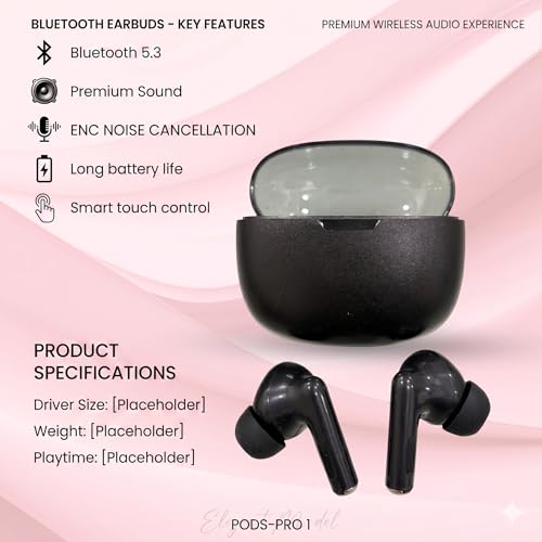 Image of Bluetooth 5.3 Wireless Earbuds with ENC Noise Cancellation, Premium Studio Sound, Smart Touch Control, Long Battery Life, Type-C Charging, Deep Bass TWS Earphones (Black)