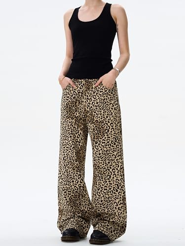 GUOYUXIAO Men's Jeans Retro Leopard-Print Slightly Flared Denim Pants Loose Casual Trouser for Men3