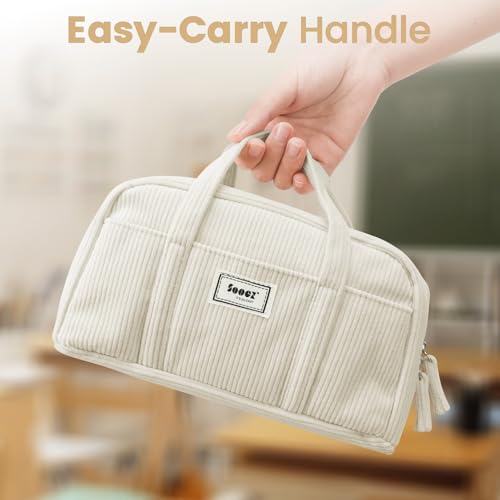 Image of Sooez Large Pencil Case Pouch, Extra Big Pencil Bag with 5 Compartments, Pen Bag Wide Opening, Soft Corduroy Pen Pouch Organizer with Zipper, Cute Aesthetic School Supplies for Teen Girls-Green