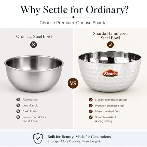 Image of Sharda Metals Hammered Stainless Steel Bowl for Curry, Dal, Halwa, Dessert, Soup, Vegetable Serving Katori Set, Mathar Bowls, Wati, Vati - Set of 6