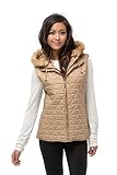 Daisy Women's Quilted Padding Jacket Vest W/Faux Fur Lining and Detachable Hood W/Hood Fur (S, Taupe)