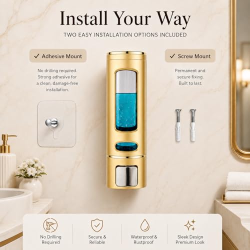 Image of Wall-Mounted Soap Dispenser 400ml with Adhesive Hook, No-Drill ABS Plastic Dispenser for Kitchen, Bathroom, Hand Wash, Shower Gel, Sanitizer Capsule Design Gold