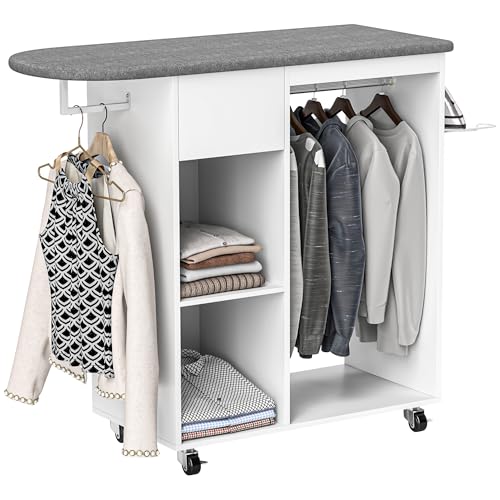 HOMCOM Armario para Tabla de Planchar con Ruedas de Freno y Estante para Plancha, Armario Multiusos para Planchar con Barra para Colgar, cajón y Estante Ajustable, 125x43.5x112 cm, Blanco