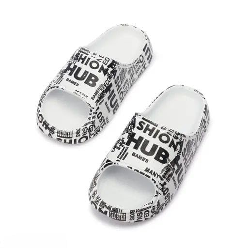 Unisex Graphic Print Shower Slides, White and Black, Comfort Slip-On Sandals-image-9