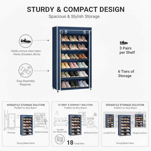 Image of Blue Shoe Rack with Cover | Plastic Rack 6 Shelves with Zip Cover & Side Pockets | Dustproof Multiuse Storage Organizer for Footwear, Shoe Rack Plastic, Slipper Stand