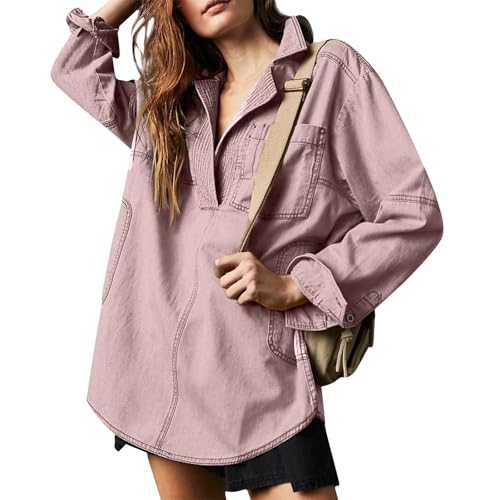 COTECRAM Womens Denim Tops Pullover Trendy Casual V Neck Loose Fit Long Sleeve oversized Jean Shirts Jacket with Pocket