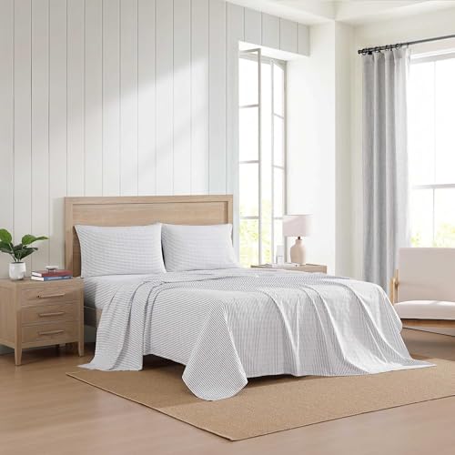 Image of Tommy Hilfiger - Sheet Set, Cotton Percale Bedding with Matching Pillowcase, Crisp & Cool, Premium Quality Home Essentials (Monogram Stripe Navy, Twin)