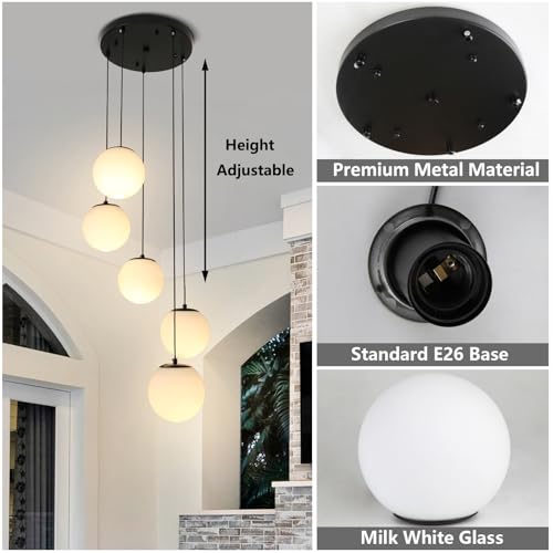 Image of Globe Cluster Chandelier 5-Light, Black Modern Cluster Chandelier with Milk White Glass, Adjustable Globe Staircase Pendant Light for Kitchen Island Dining Room