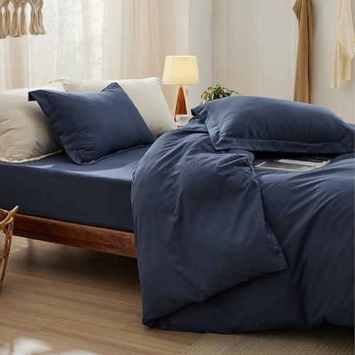 Image of Bedsure Duvet Cover King Size with Fitted Sheet - 4 Pieces Prewashed Polyester Soft Bedding Set, Includes 1 Duvet Cover 104x90 Inches with Zipper Closure, 2 Pillow Shams, 1 Fitted Sheet, Navy Blue