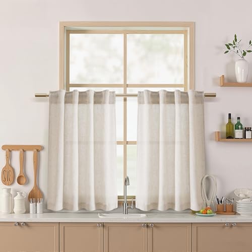 Image of Nanspring Kitchen Curtains Linen 36 Inch Length Beige Farmhouse Small Cafe Curtains Semi Sheer Back Tab and Rod Pocket Drapes for Basement Short Window Curtain 26 x 36 Inch, 2 Panels