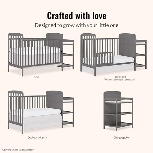 Dream On Me Anna 3-in-1 Convertible Full-Size Baby Crib & Changer with Storage in Steel Grey, GreenGuard Gold & JPMA, Pinewood, Converts to Day & Toddler Bed, 3 Mattress Heights, 1″ Changing Pad